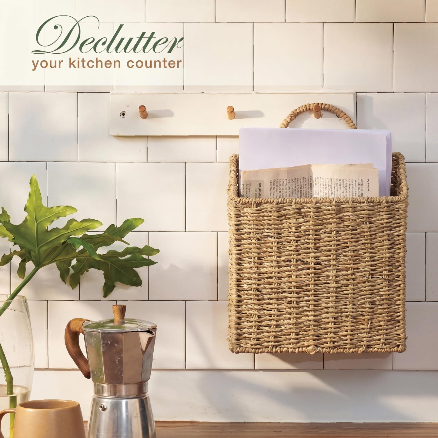 Set of 2 Wicker Hanging Basket for Organizing, Front Door, Mail, Flowers - Woven Wall Baskets for Storage (Natural Seagrass)