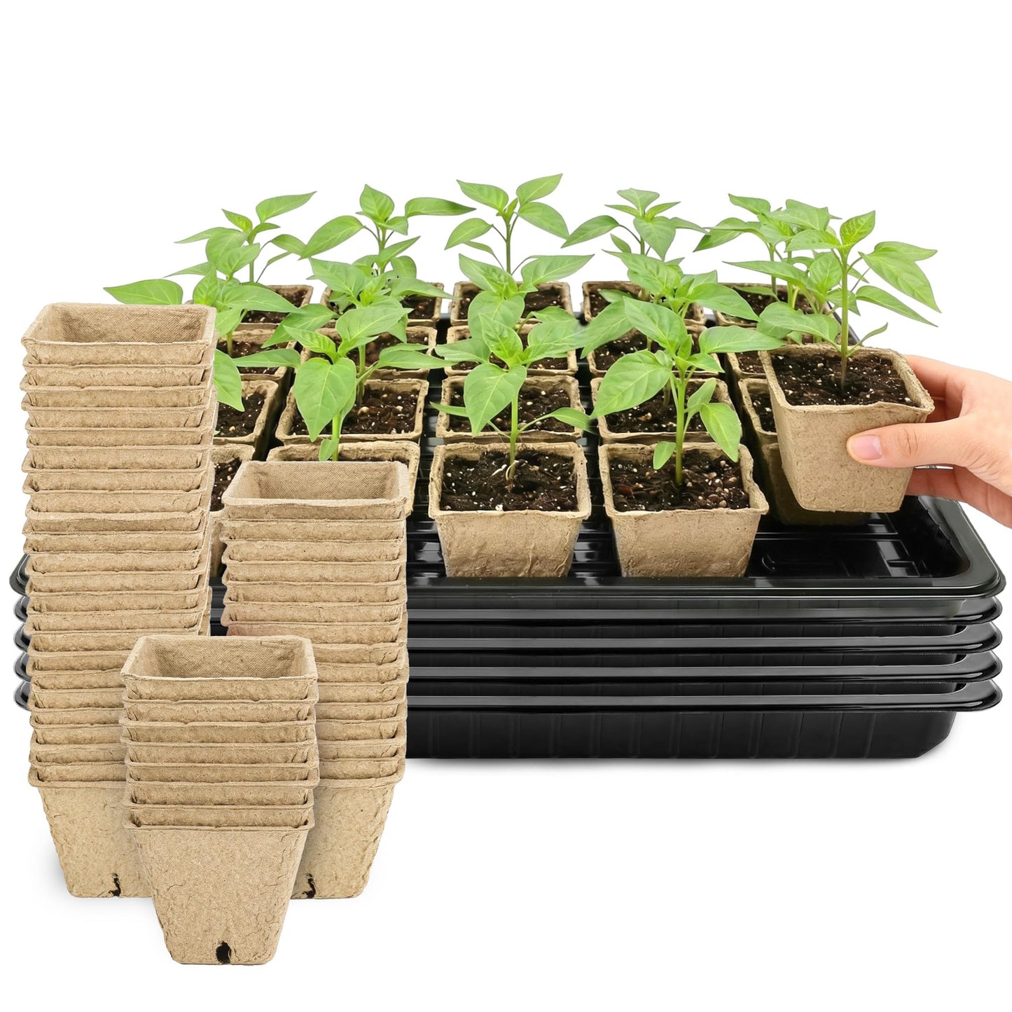 Verdanzia 100 Pcs Square Nursery Pots, 5 Pcs Seed Starter Tray, 2.6 inch Nursery Pots with Tray, Plastic Starter Pots for Planting Seeds, Reusable Seed Starting Pots with Drainage Holes (Kraft Paper)