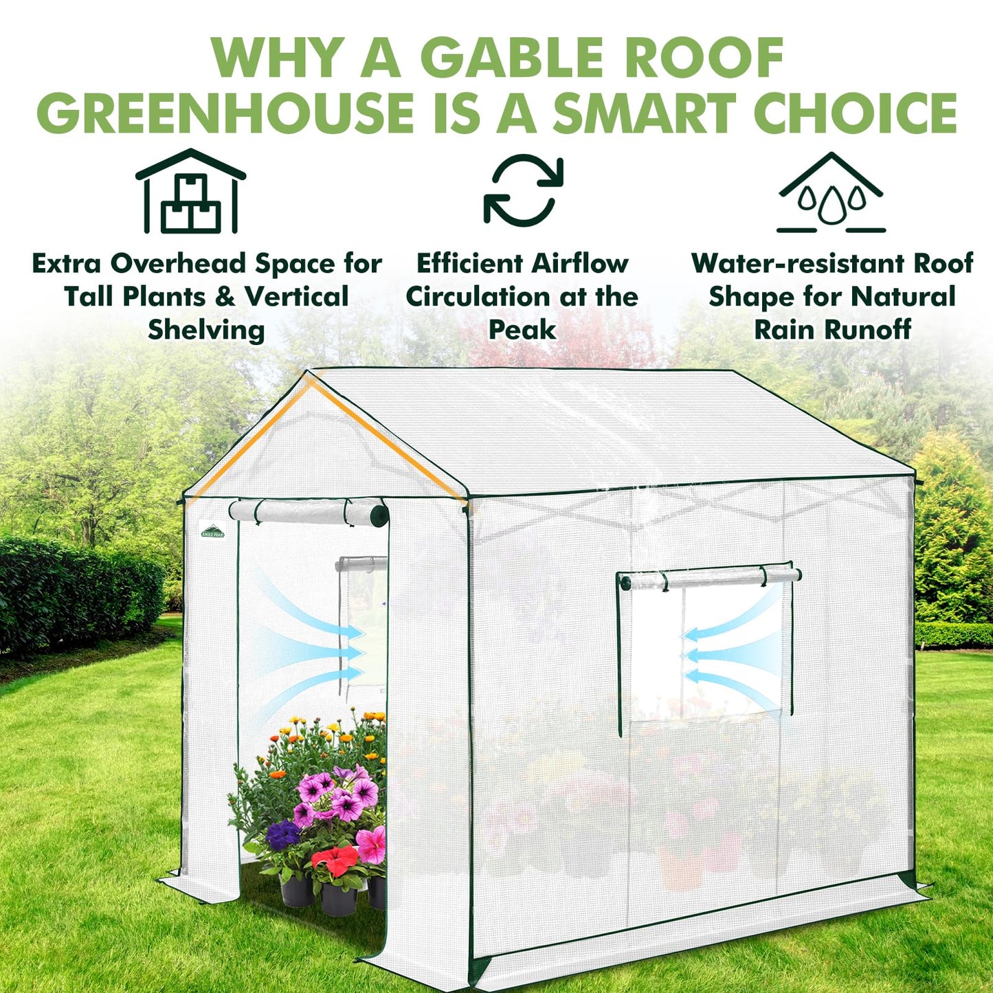 EAGLE PEAK 8x8 Portable Pop Up Greenhouse, Patented Center Lock Easy One Person Setup, Walk-in Outdoor Greenhouse with Gable Roof, Weight Bags, Zippered Doors & Windows, White