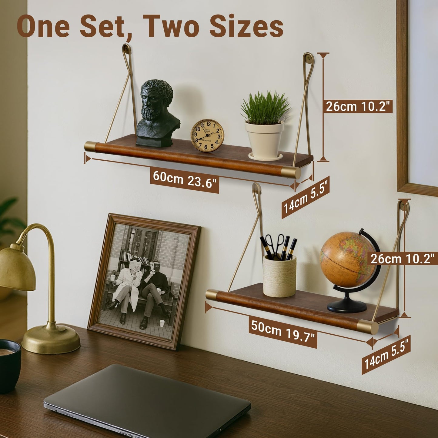 Afuly Mid Century Modern Decor Walnut Floating Shelves for Wall Mounted Shelf Unit Solid Wood Rustic Decorative Shelving Living Room Bedroom Coffee Bar Bathroom Display Plant Photo 24in&20in