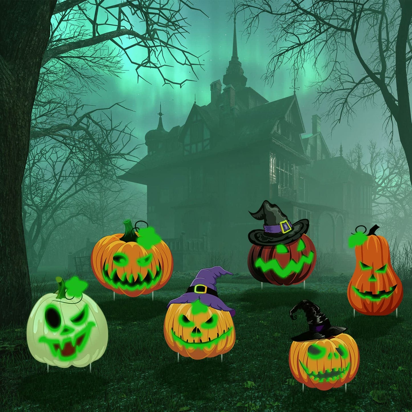Soaoo 6 Pack 16 Inch Halloween Decoration Outdoor Fluorescence Halloween Pumpkin Yard Signs with Stakes Spooky Faces and Witch's Hat Lawn Signs Scary Front Yard Decor for Holiday Party Decor