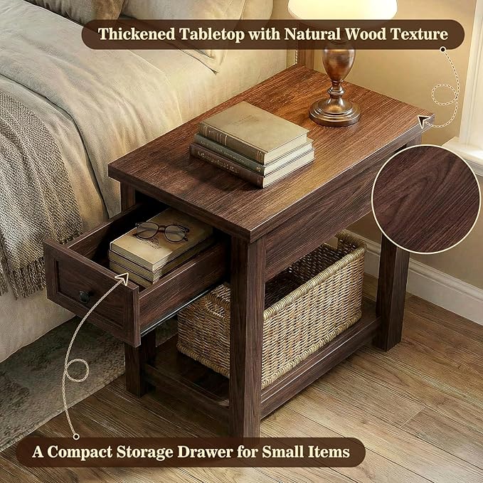 Narrow End Table Set of 2 with Charging Station