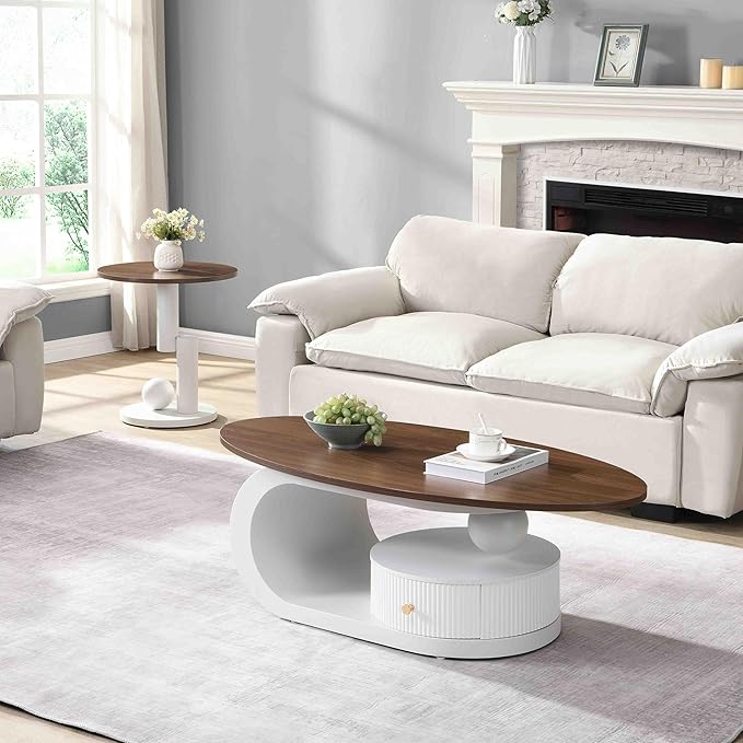 Modern Oval Coffee Table Set of 2, Wood Living Room Accent Coffee Table and