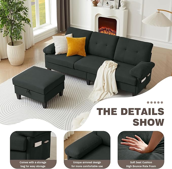 Sectional Sofa Couch for Living Room, Deep 3-Seater L Shaped Couches