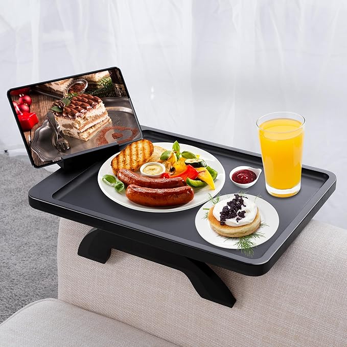 SINWANT Couch Armrest Table, Large Bamboo Couch Arm Table 360° Phone Holder