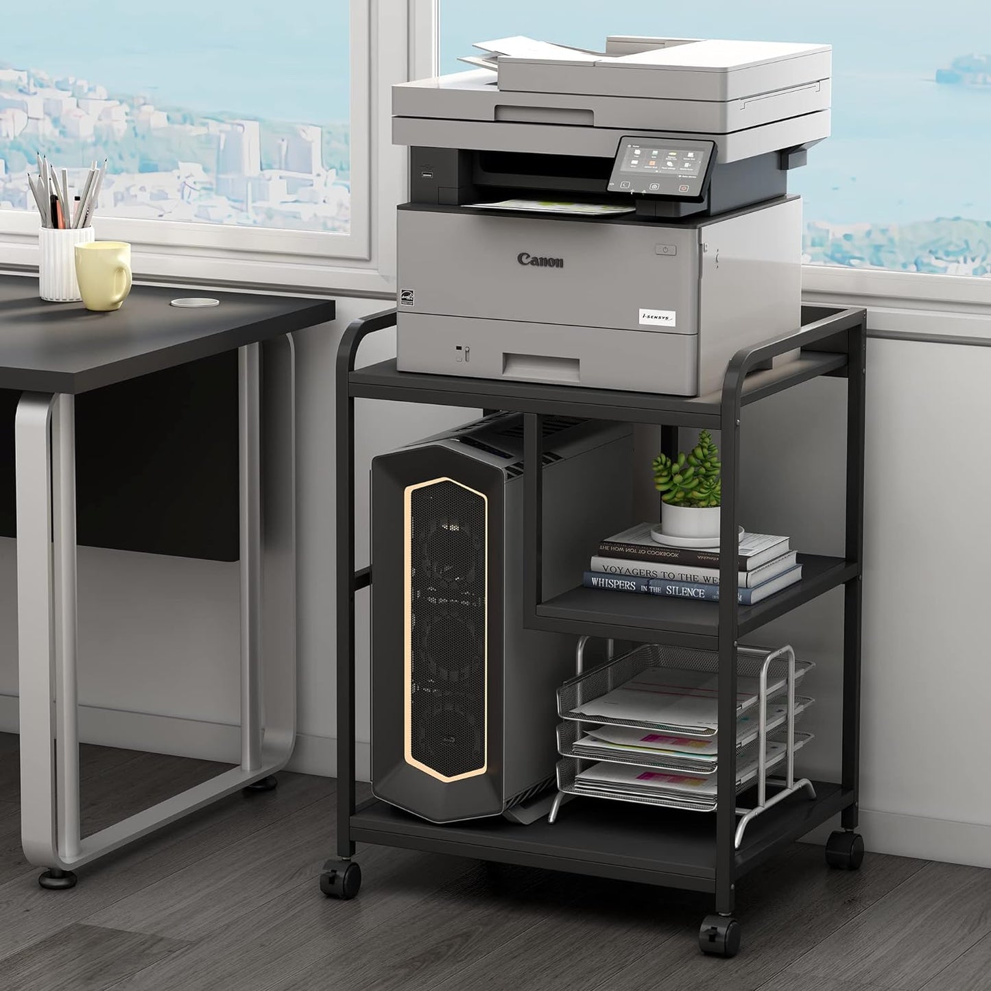 Printer Stand with Storage Shelf for Home Office Organization, 22 x 18 Inch Large Printer Table with Wheels, Shredder Stand, CPU Stand, Rolling Cart for Host Computer, PC Tower, Desktop- Black