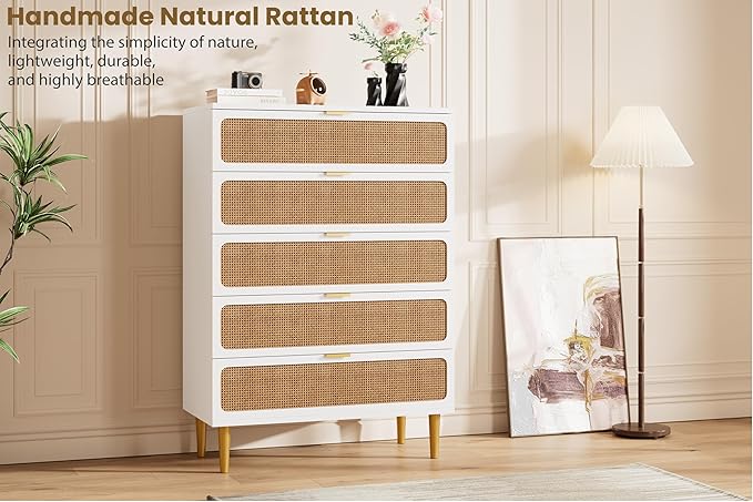 GarveeHome Rattan 5 Drawer Dressers