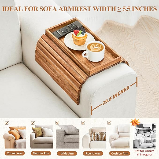GEHE Acacia Wood Sofa Arm Tray, Foldable Couch Arm Tray Side Table,
