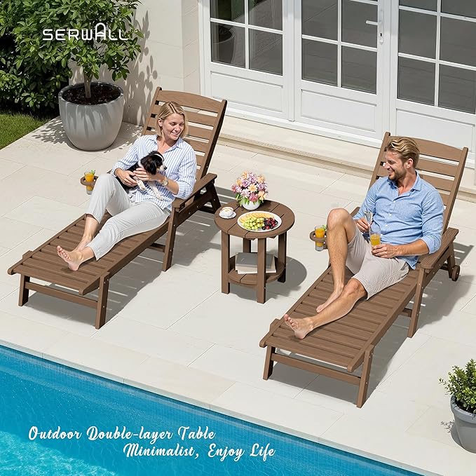 SERWALL Round Outdoor Side Table Set of 2, HDPE Small Adirondack Double End