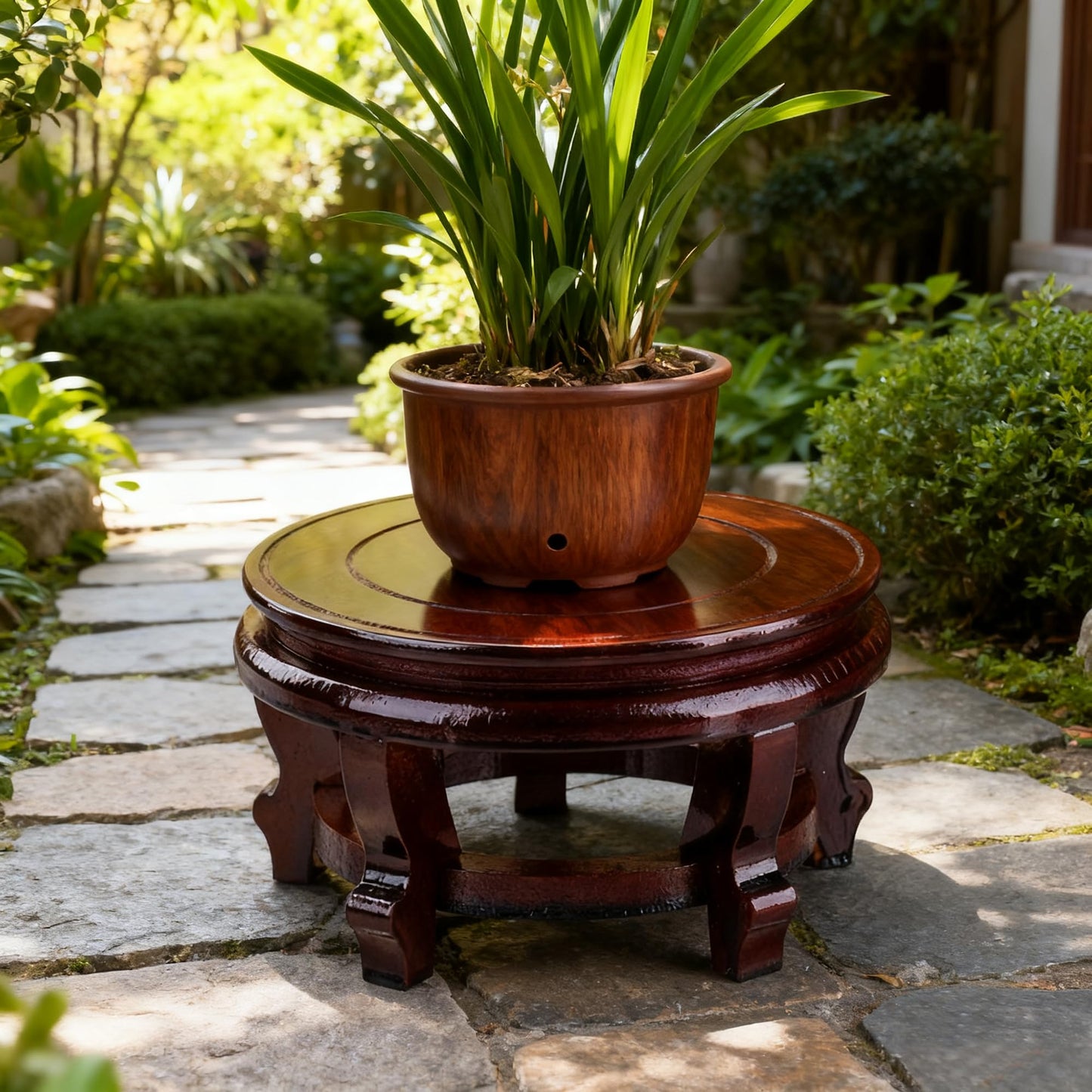Karida 10 Inch Wooden Planter Stand, Indoor Outdoor Oriental Vase Holder, Chinese Style Display Stand for Vase, Fishbowl, Plant Pots, Home Decoration - Sturdy 5-Leg Design, Elegant Brown Wood Craft