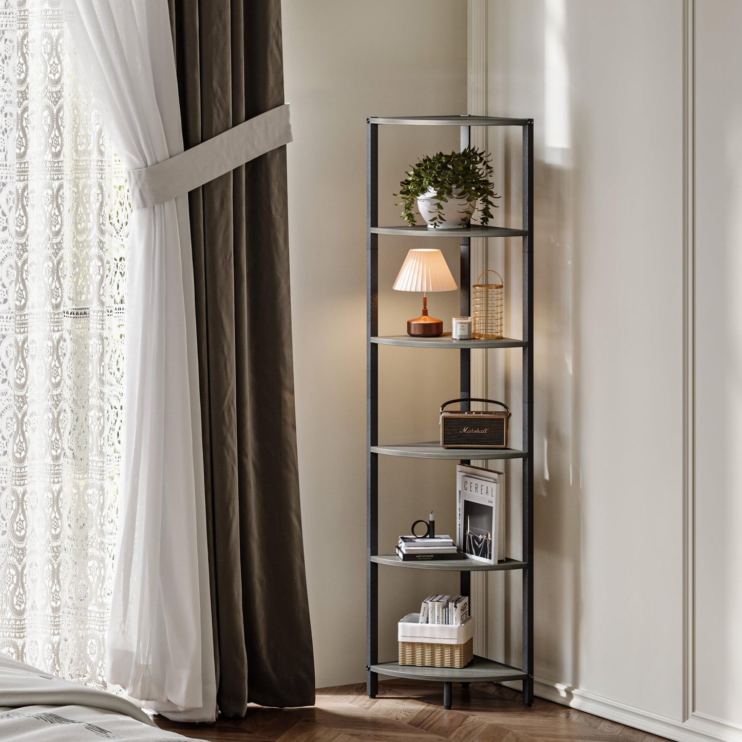 IRCPEN 6 Tier Corner Shelf 63.1" Tall Corner Shelves Stand Ladder Shelf Grey Woodgrain Industrial Standing Bookshelf Organizer Display Rack Bookcase Plant Stand for Living Room Bedroom CS-001GW