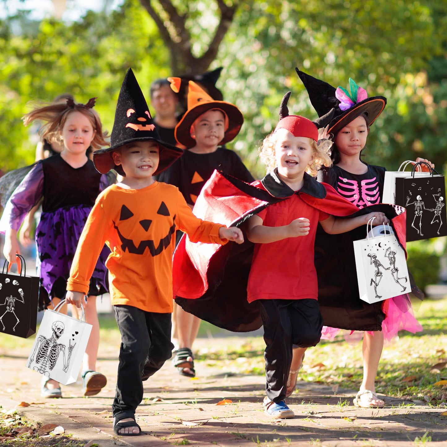 Whaline Halloween Skull Paper Gift Bags Black White Funny Dancing Skeleton Goodie Candy Treat Bag Skull Theme Handbags for Halloween Trick or Treat Party Favor Supplies, 16Pcs