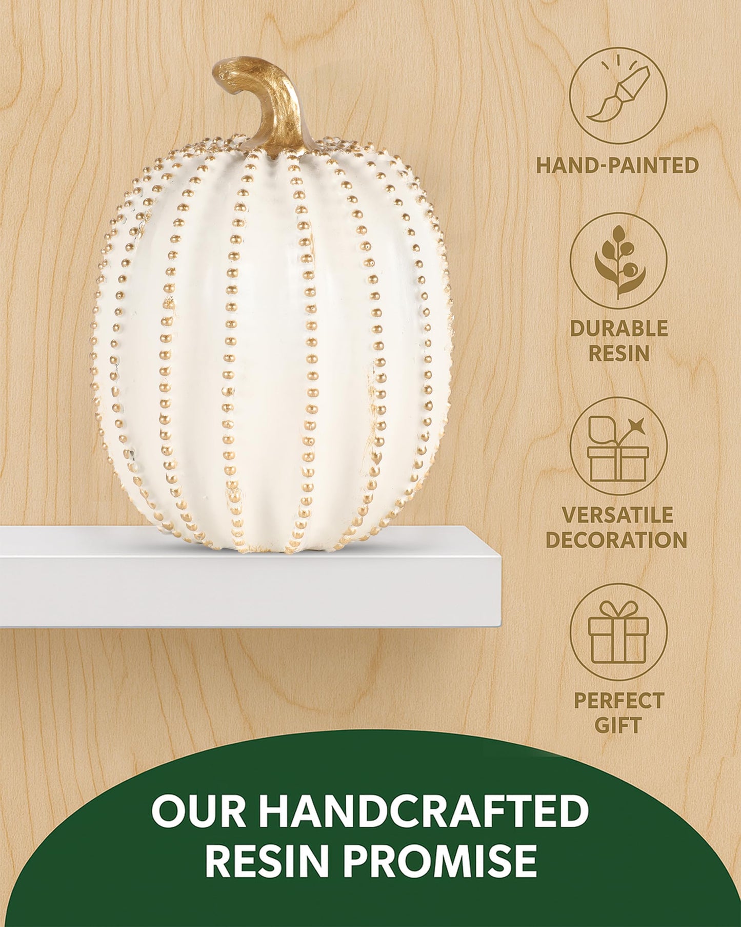 GoGnome Set of 2 White & Gold Decorative Pumpkins – Resin Fall Harvest Table Centerpiece, Elegant Autumn Décor for Thanksgiving Decoration Farmhouse Home (White)