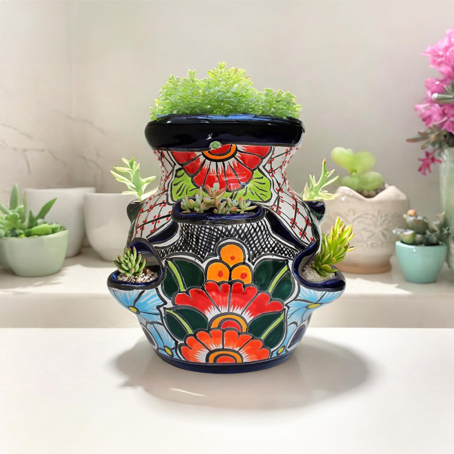 Evergreen Garden Talavera Mexican Strawberry Pottery Ceramic 10 inch Plant Pots | Flower Pots for Indoor Plants | Succulent Planters (10 in. Sky Blue)