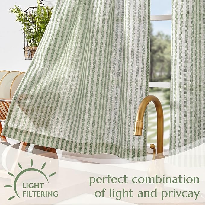 jinchan Striped Linen Kitchen Curtains 45 Inches Length Tier Curtains Farmhouse Modern Cafe Style Small Window Treatments Airy Light Filtering Rod Pocket for Living Room Bathroom 2 Panels Sage Green
