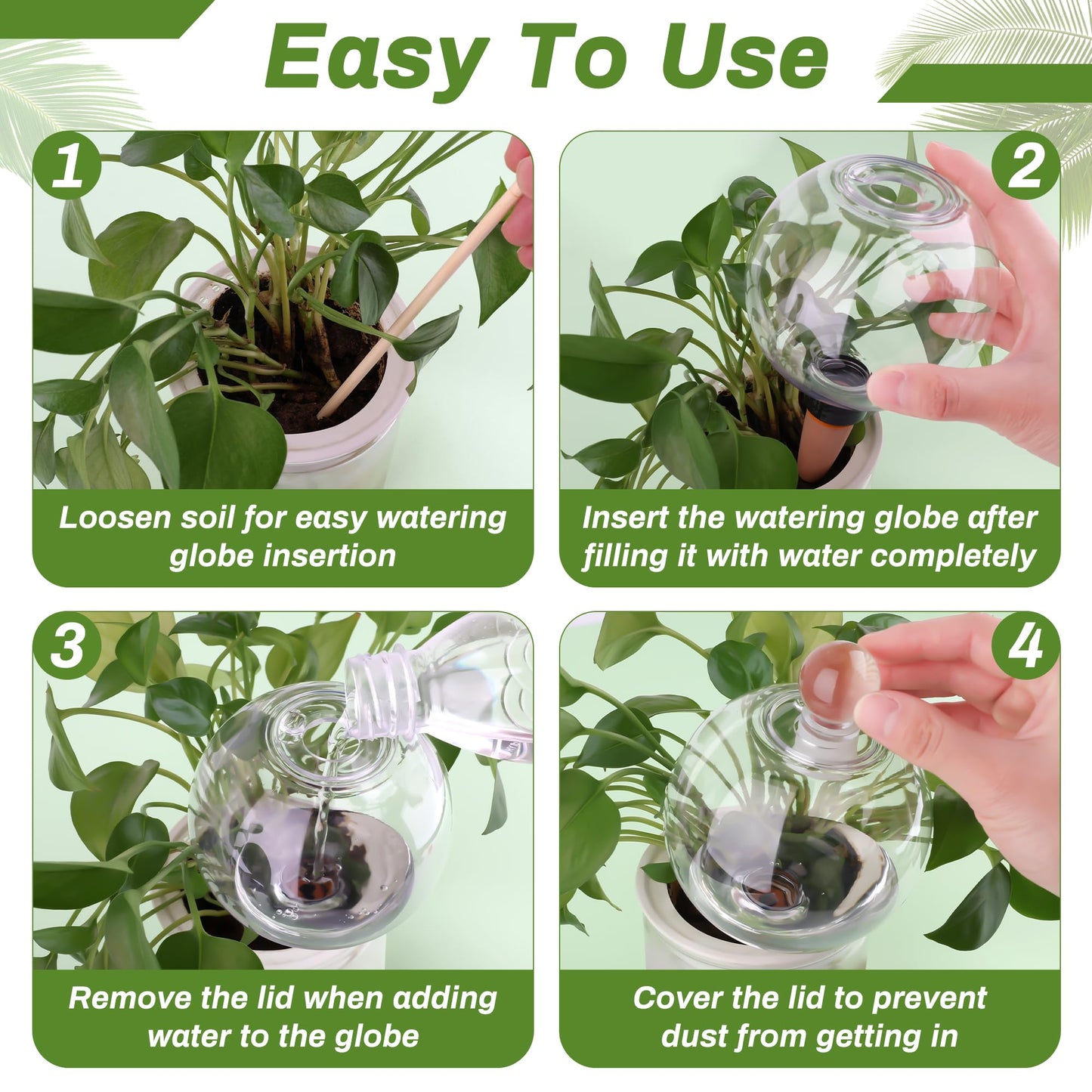 Solaradgy 4pcs Plant Watering Globes with 4 Cleaning Brushes, Colorful Self Watering Bulbs (2 White, 1 Green, 1 Pink), Slow Release Water Spikes, Automatic Plant Watering Devices for Indoor Plants