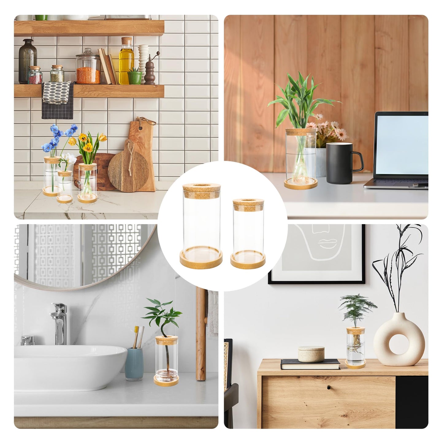 8 Pcs Plant Terrarium Desktop Glass Planter Plant Propagation Tabletop Propagation Vase Containers with Cork and Wooden Saucer for Growing Hydroponic Plants Garden Home Office Decor-