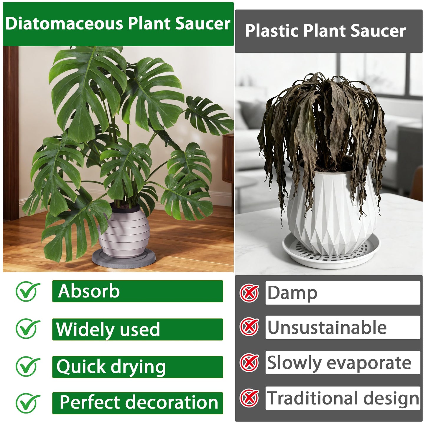 Creproly Plant Saucer Flower Pot Saucers Plant Trays for Pots Instant Dry Diatomaceous Earth Round Plant Drip Trays for Indoors Keeping Counter and Floors Dry and Clean (2Pcs Grey Large)