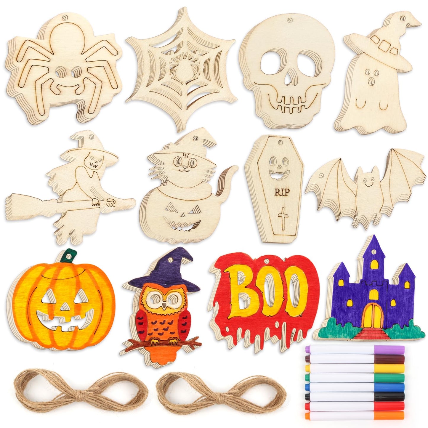 60PCS Halloween Wood Crafts for Kids, Unfinished Wooden Slices Cutouts Ornaments Bulk for Kids to Paint, DIY Halloween Painting Art Craft Activities for Hanging Decorations Gifts Pumpkin
