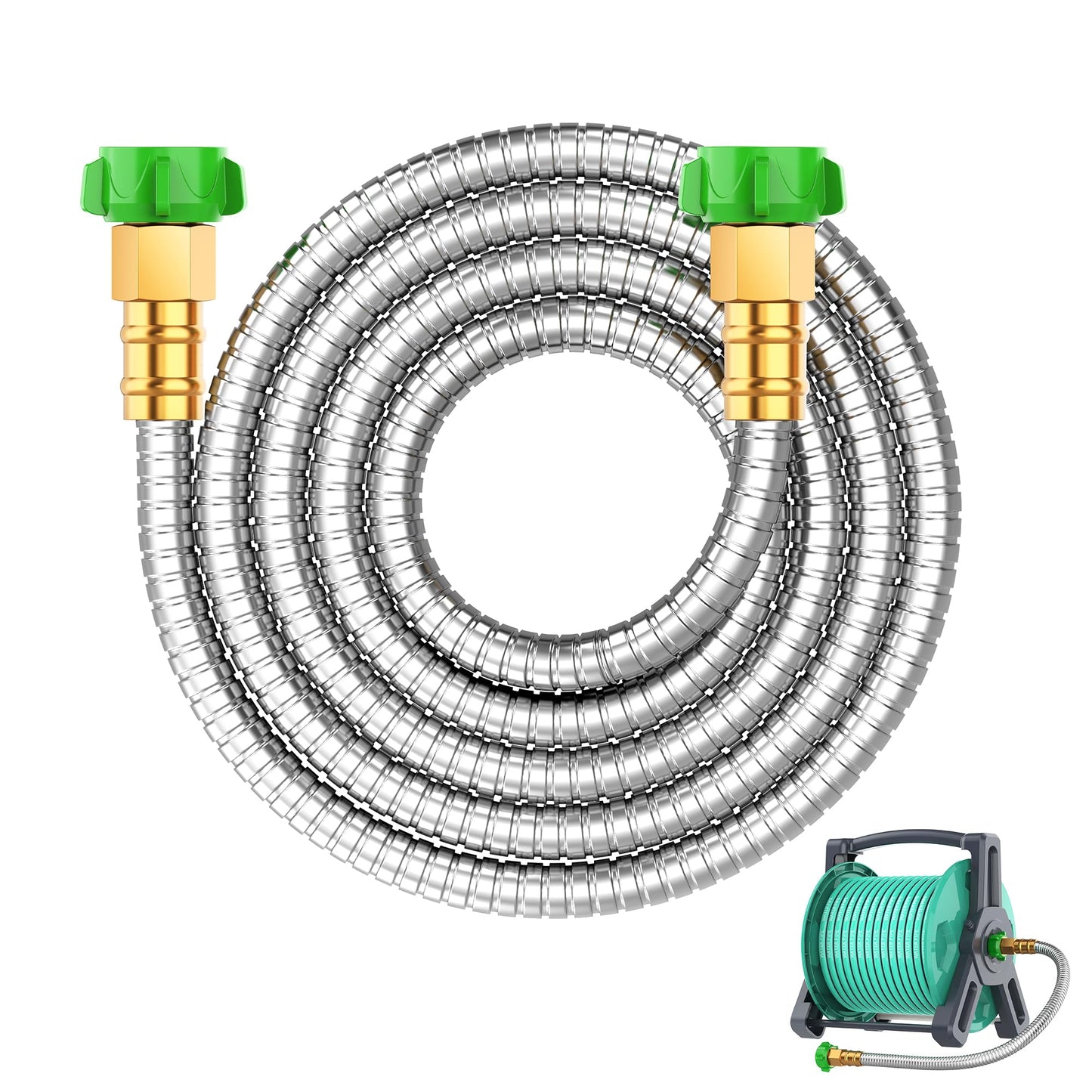 Short Metal Garden Hose 5 ft with Female to Female Connector， Stainless Steel Small Leader Hose for Hose Reel, Long, Flexible, Lightweight & Heavy Duty Water Pipe, Outdoor Water Hose Extension Adapter