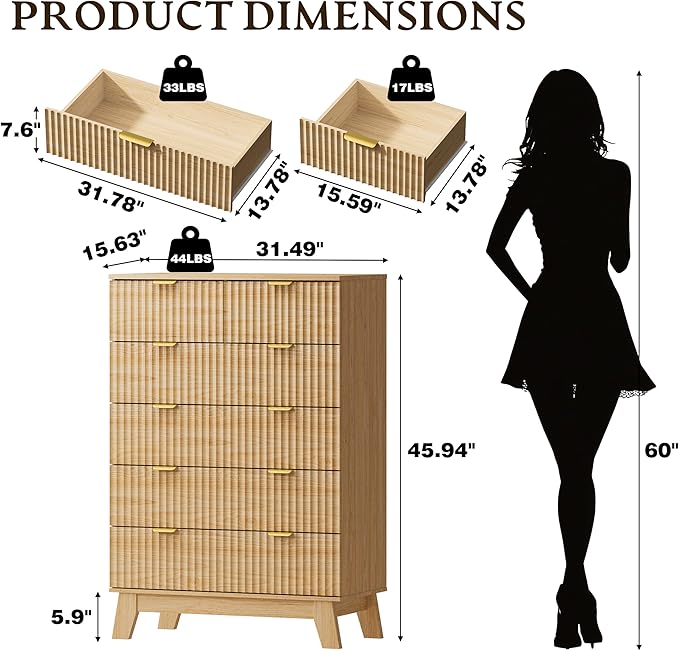 BORNOON 46" Tall Dresser for Bedroom, 6-Drawer Fluted Chest of Drawers