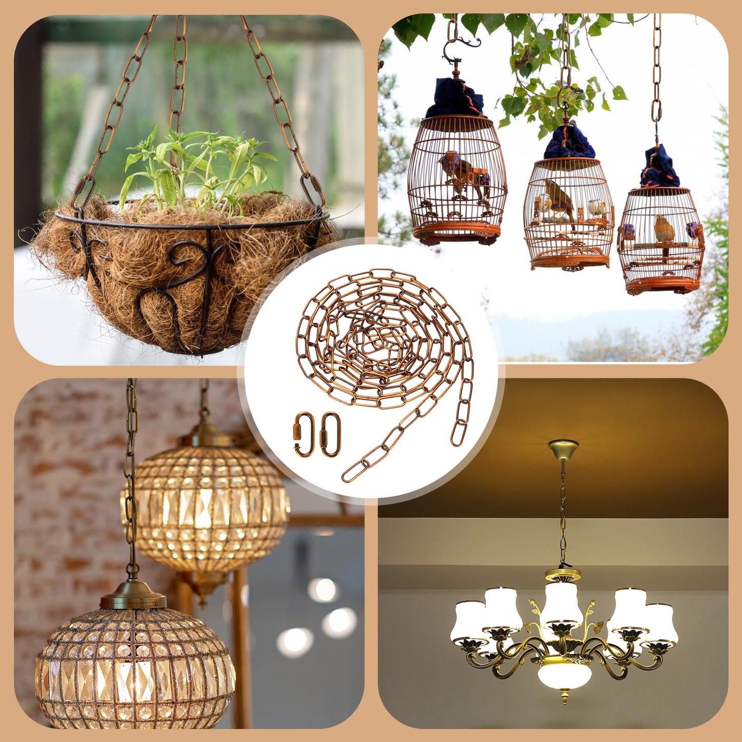 Canomo 12 feet Pendant Light Fixture Chain Adjustable Lighting Hanging Chain with Connection Locks for Chandelier, Plants Supports to 50LB, Gold Bronze