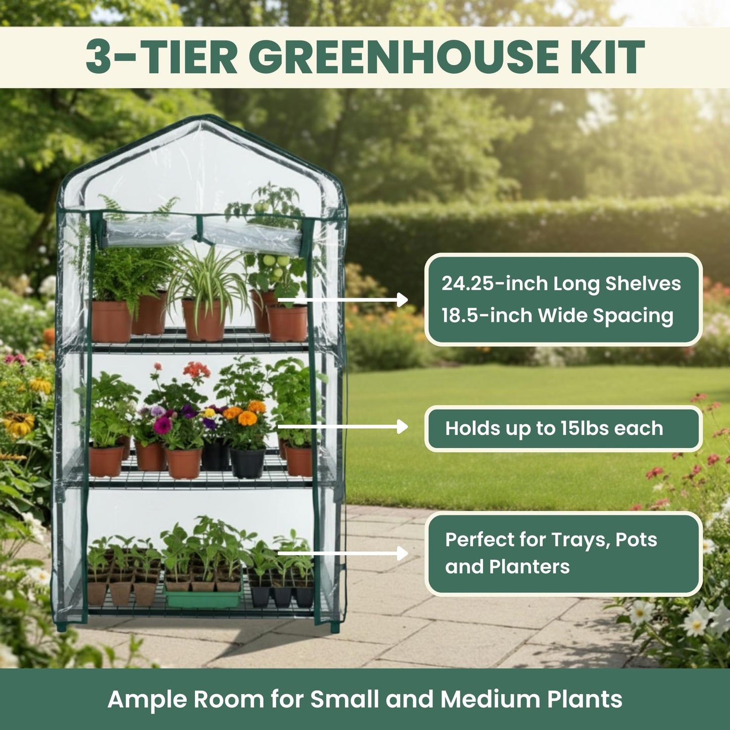 3 Tier Mini Greenhouse - Portable Greenhouse with Rust-Resistant Frame and PVC Cover for Indoor/Outdoor - 27.5x19x50-Inch Green House by Pure Garden