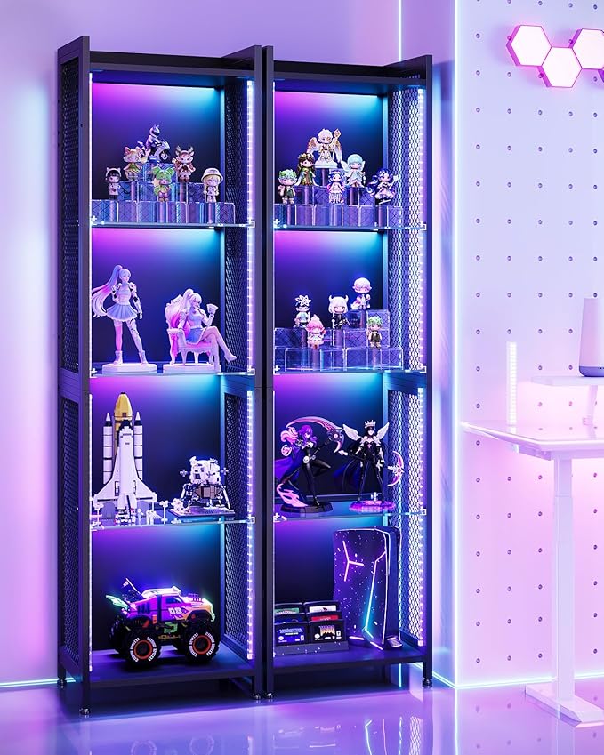 AODK Display Case with LED Lights, Display Cabinet with Open Glass Shelves
