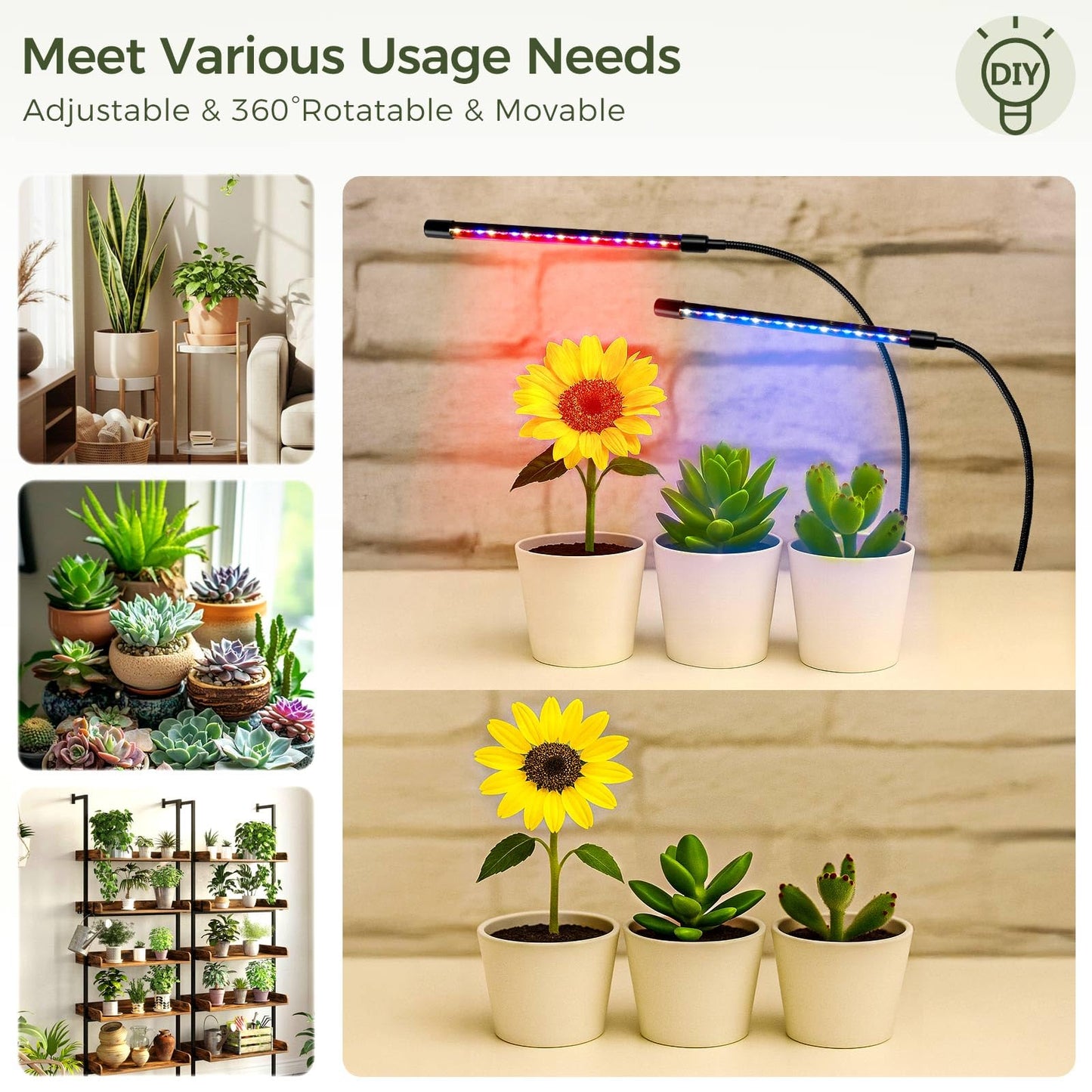GREENSTELL Plant Stand Indoor with Grow Light, 7-Tiered Tall Metal Plant Stand for Indoor Plants, Half-Moon Shape Display Shelf for Living Room, Balcony, Patio, Brown (2 Pack)
