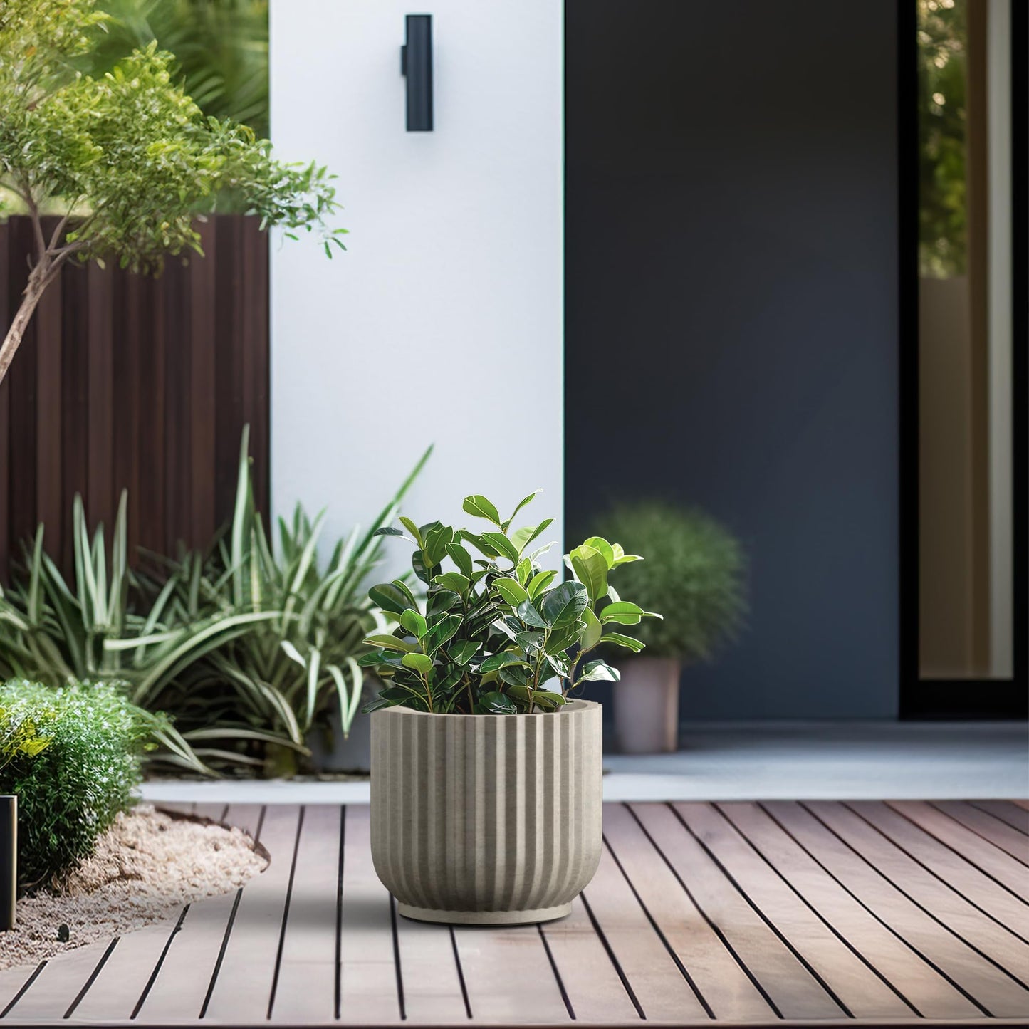 Kante Round Fulted Planter, 11 Inch Dia Large Concrete Plant Pots with Drainage Hole and Rubber Plug, Modern Decor for Indoor Outdoor Plants, Flower, Weathered Concrete