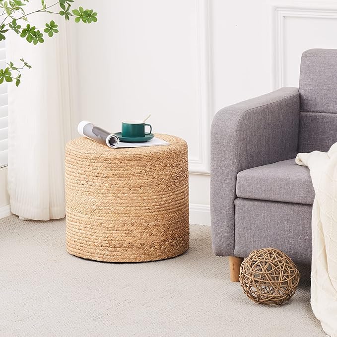 Wimarsbon 18'' Pouf Ottoman, Natural Braided Poof, Round Poufs, Rustic