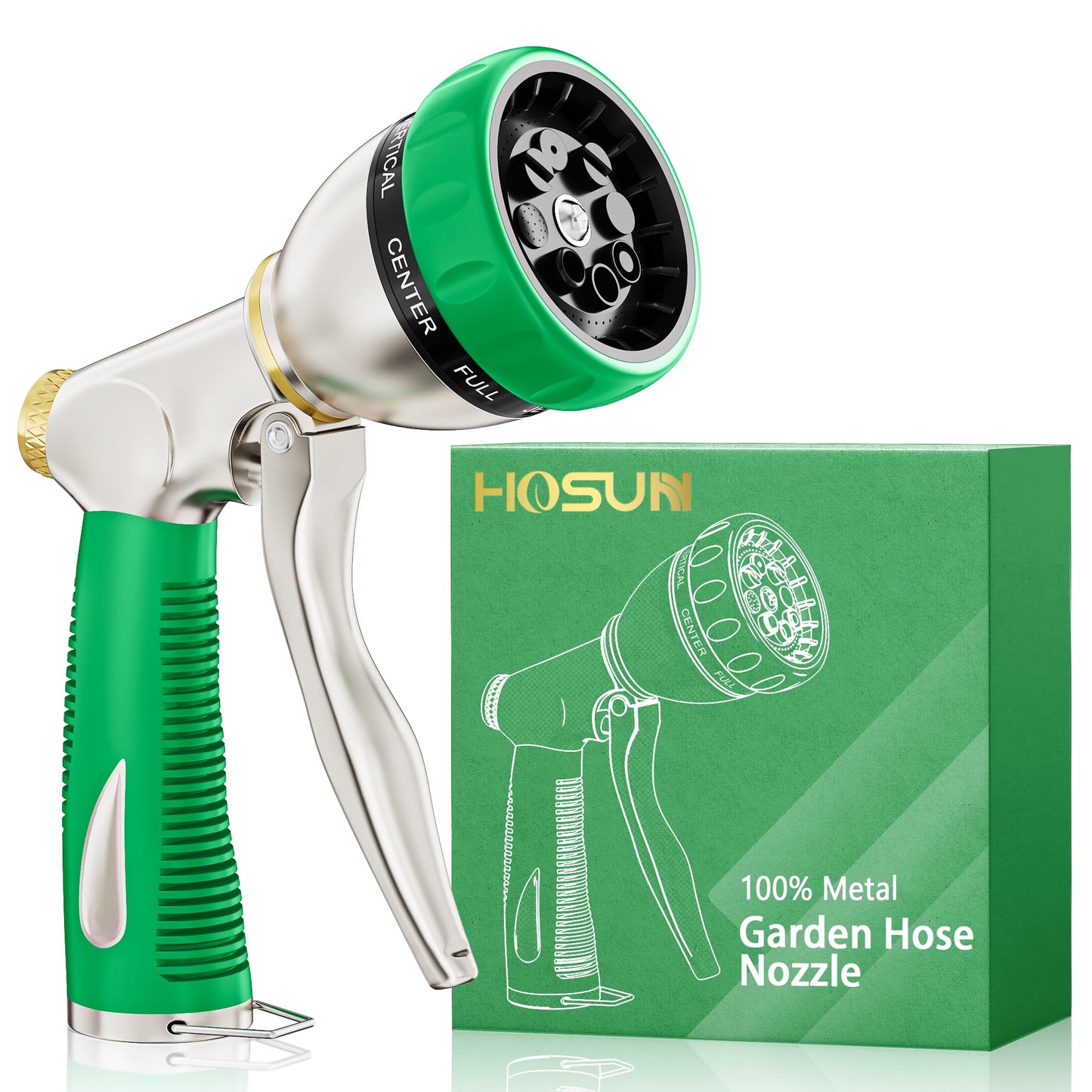 HOSUN Garden Hose Nozzle Sprayer Heavy Duty, 100% Metal Water Hose Nozzle with 8 Spray Patterns, High Pressure Hose Spray Nozzle with Non-Slip Grip for Watering Plant & Lawn, Washing Car & Pet, Green