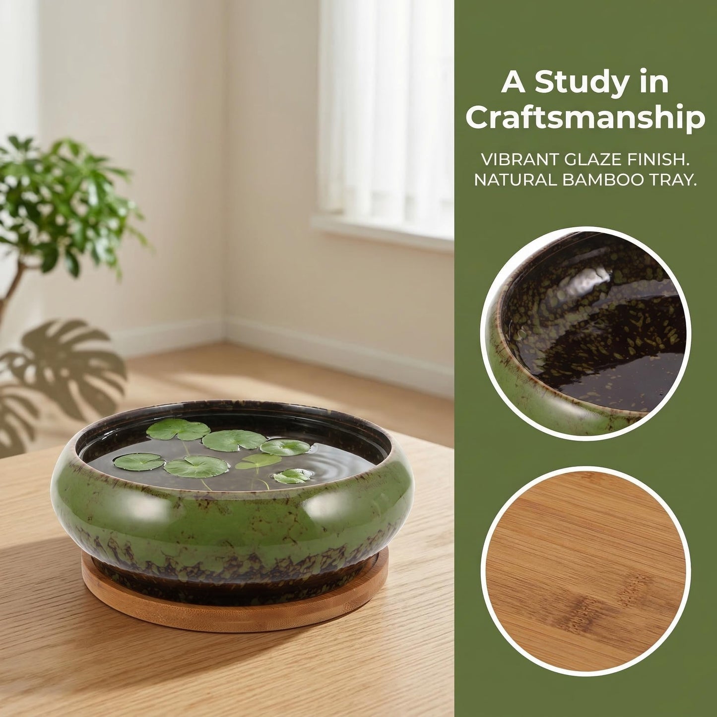 DECHOUS Ceramic Lotus Bowl Planter 7 Inch Round Shallow Succulent Planter Glazed Flower Plants Pot with Bamboo Tray for Lotus Seeds, Bonsai, Home Indoor Decor
