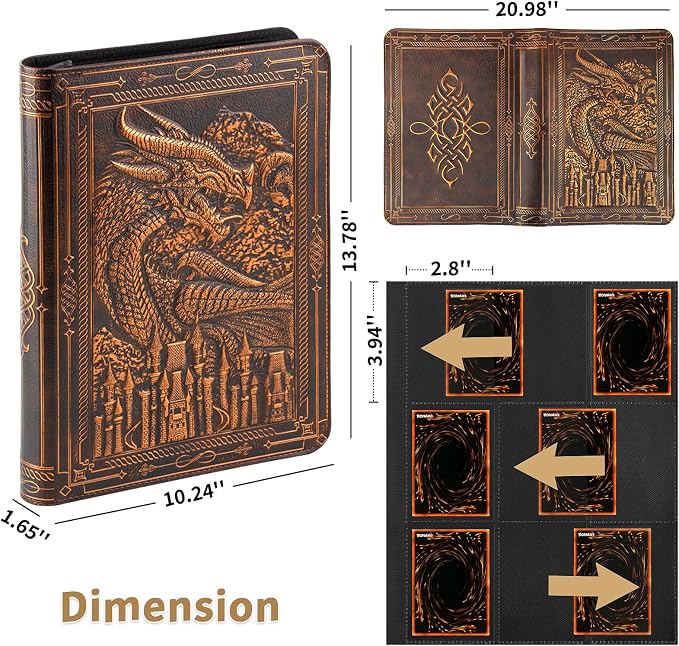 TIANREN Card Binder 9 Pocket, 3D PU Leather Album with Zipper, 360 Side Loading Pockets for TCG, MTG, Lorcana, Other Collectible Cards, Trading Card Game Protective Folder Album (Reddish Brown)