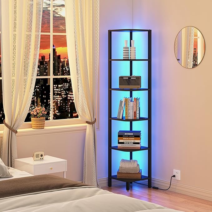 TUTOTAK Corner Shelf with LED Light, 6-Tier Corner Bookshelf