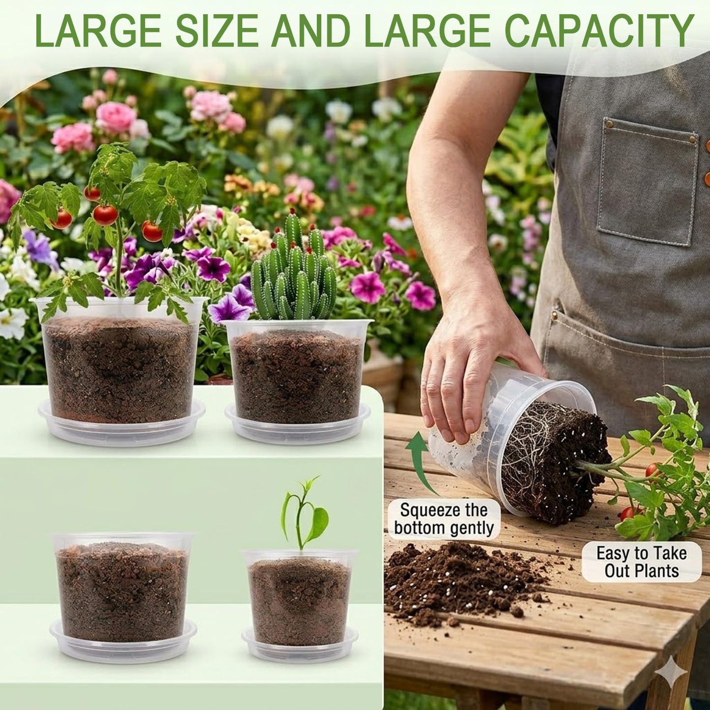 THEIFOXONE 4 Sets 8 Inch Large Clear Nursery Pots with Drainage Holes, Thick Reusable Plastic Plant Pots for Indoor Outdoor Plants, Seedlings, Succulents, Transplanting (8 inch)