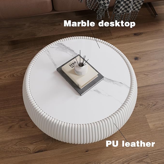 27.55" Round Marble Coffee Table, Modern Drum Coffee Cocktail Center Tables