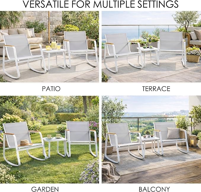 Kozyard 3-Piece Rocking Chair Set, Outdoor Rocking Textilene Bistro Set