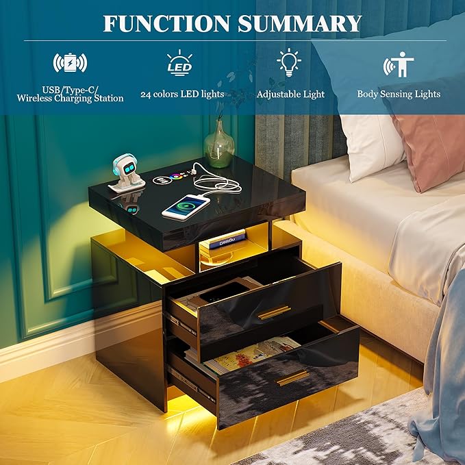 WOOVIVS Night Stand with Light, High Gloss Nightstand with USB/Wireless