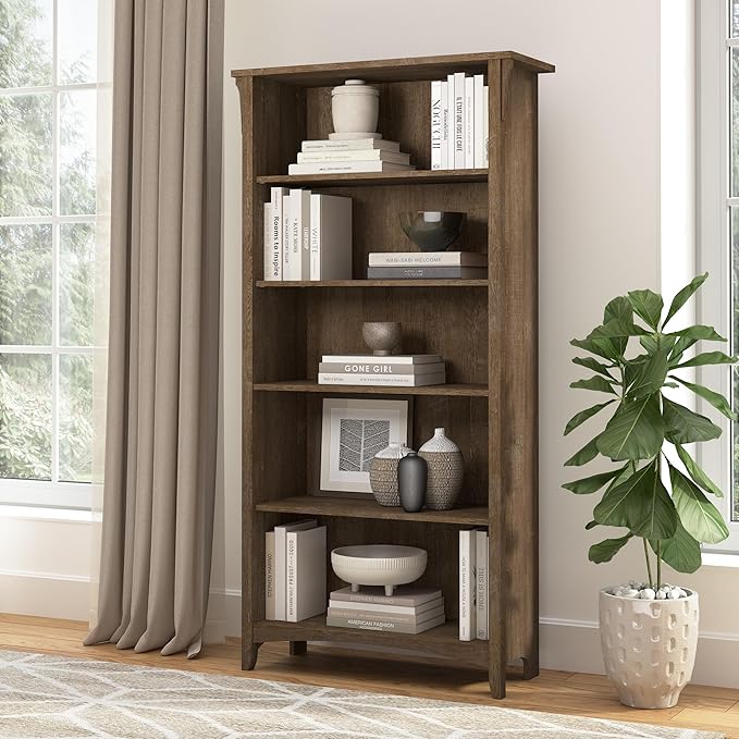 Bush Home Salinas 5 Shelf Bookcase in Ash Brown, Tall Bookshelf, Large Book