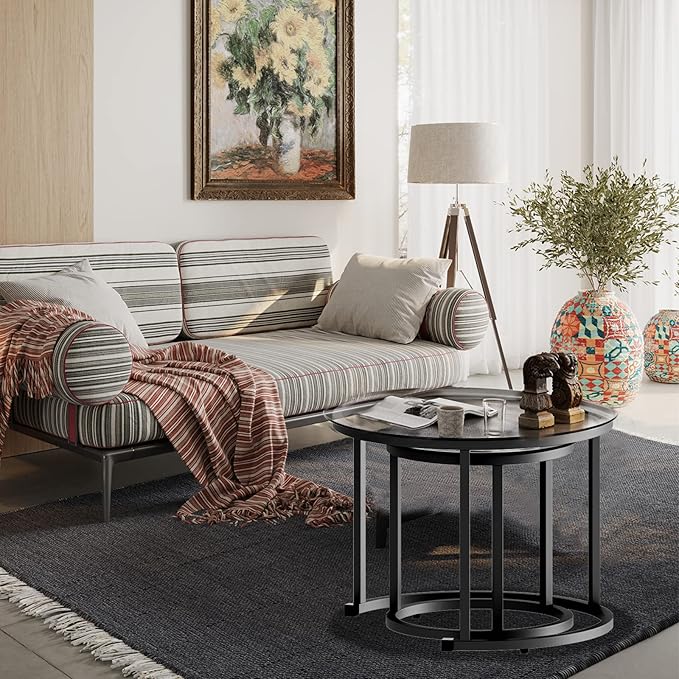 aboxoo Black Nesting Coffee Glass Table Set of 2, Metal Freme Side End Tables