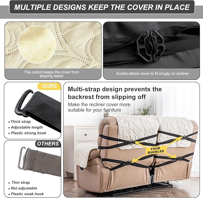 100% Waterproof Loveseat Recliner Cover, 4-Piece Split Reclining Couch Covers