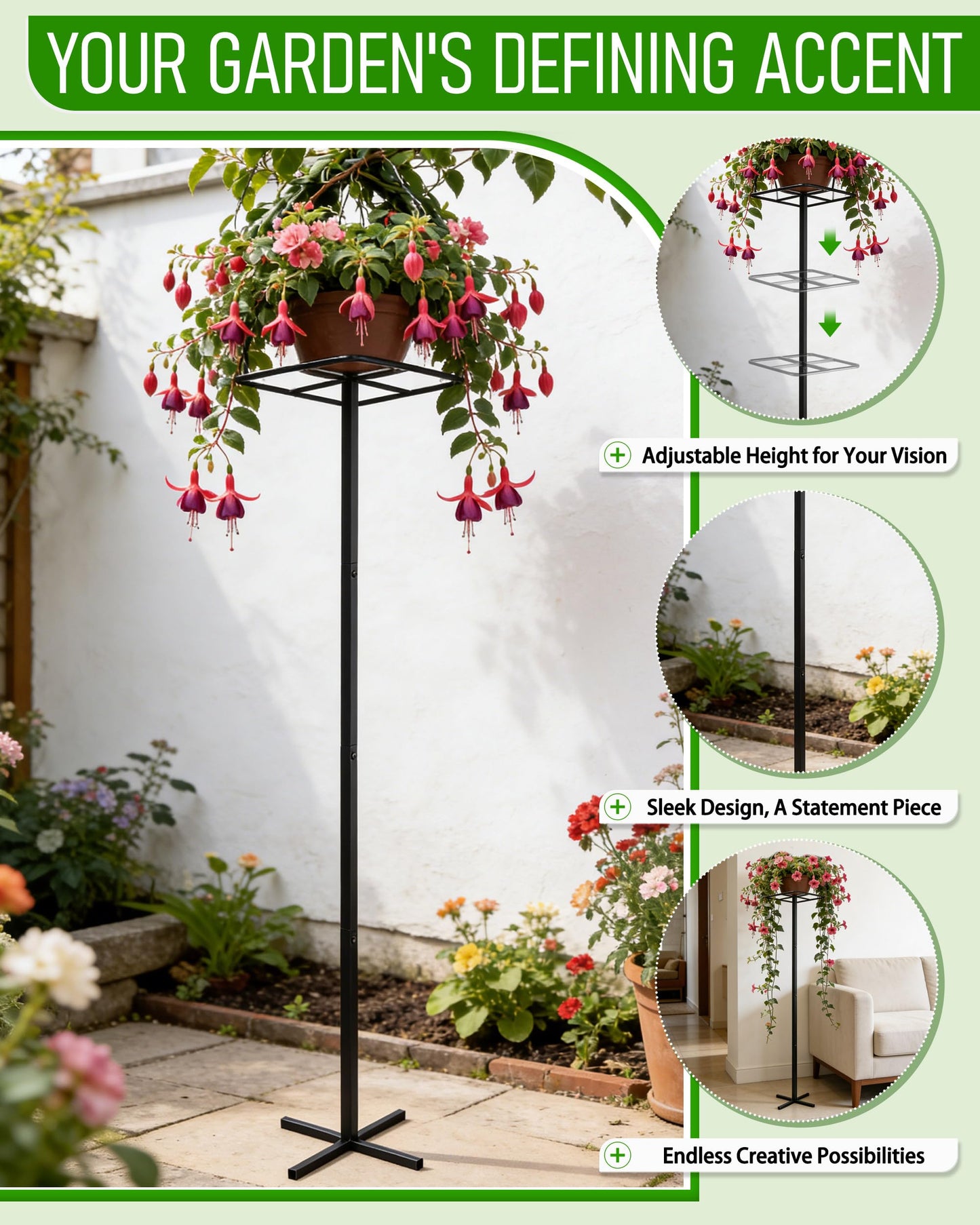 Metal Dragon Fruit Trellis 62" - Adjustable Heavy Duty Metal Plant Support with Square Top Design for Climbing Plants and Vertical Gardening, Powder-Coated Black for Garden, Patio, Indoor Use