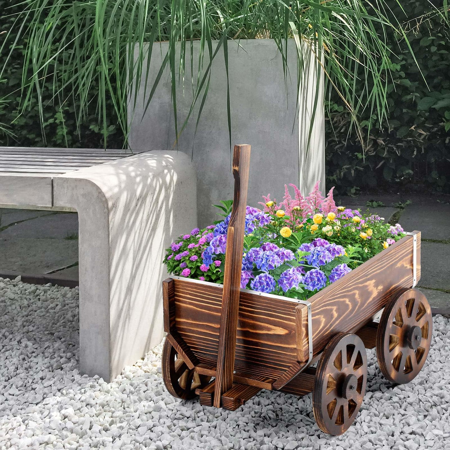 Beeveer Wooden Wagon Flower Planter Cart Garden Planter Box with Wagon Wheels Cart for Home Garden Outdoor Balcony Decorative, Patio Flowers Herbs Vegetables, Brown 34 x 23.5(Small Classic)