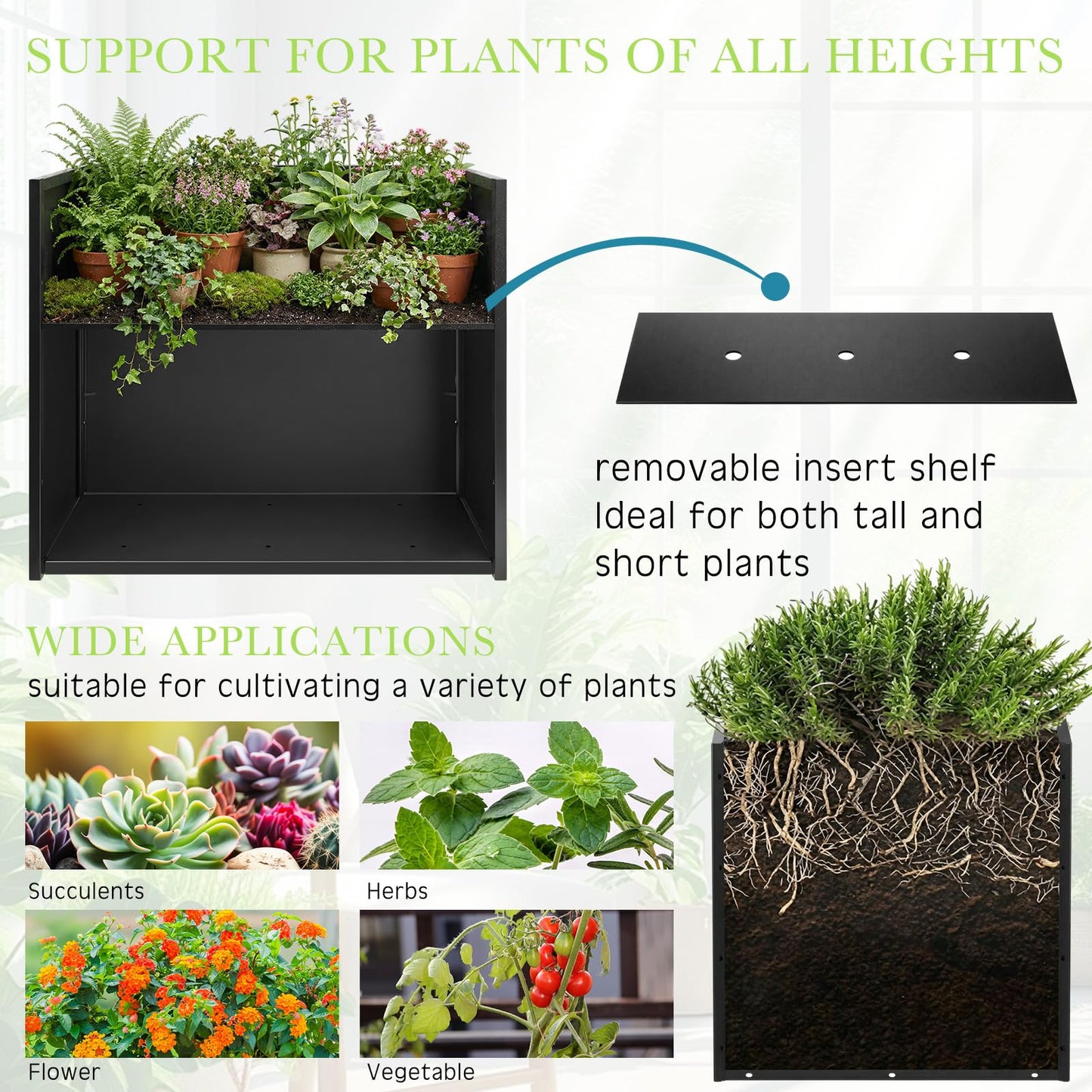 Novabright Deep Metal Planter Box 12" L x 4.5" W x 10" H - Rectangular Indoor Planter Box for Window Outdoor Railing Balcony, Removable Insert Shelf & Drainage Holes for Deep Root Plants Flowers