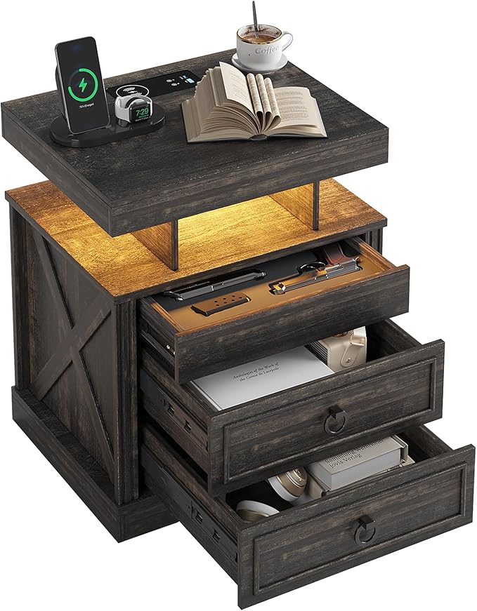 HNEBC Night Stand Set 2 with Gun Drawers, Farmhouse Nightstand with Charging