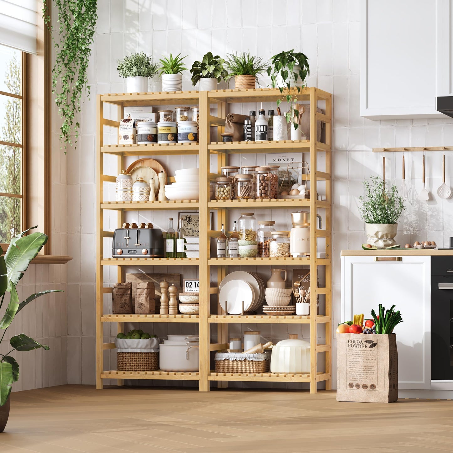 FOTOSOK 6-Tier Bamboo Shelf, Bamboo Bookcase with Adjustable Shelves, Free Standing Storage Shelf Unit, Plant Flower Stand for Kitchen, Bathroom, Home Office, Natural