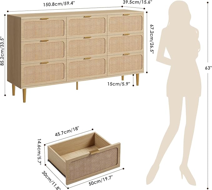 GarveeHome Rattan 9 Drawer Dressers