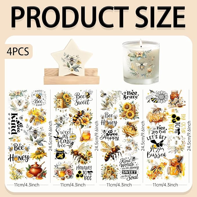 4 Sheets Rub on Transfers for Crafts, Bees Furniture Transfers for Wood