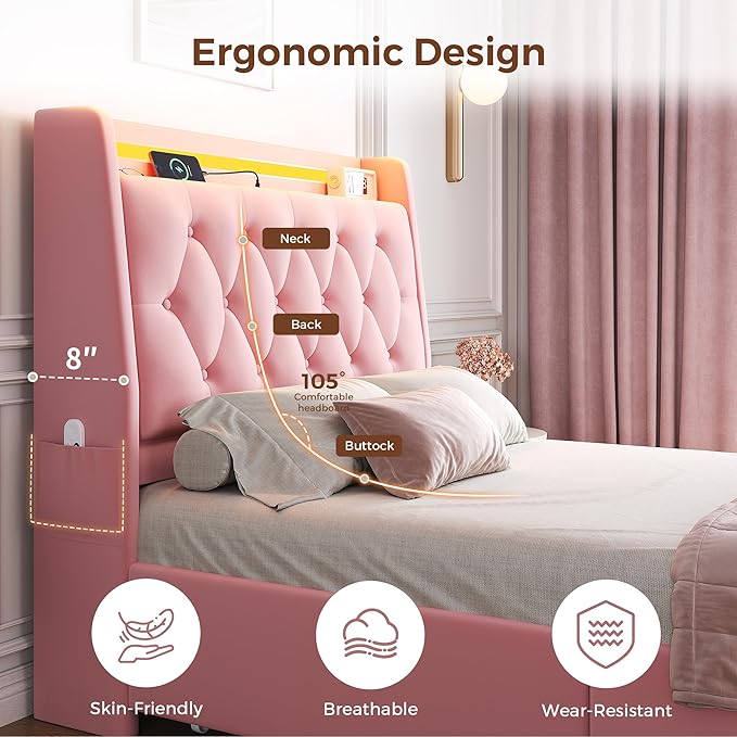 Twin LED Velvet Bed Frame with 2 Storage Drawers&Hidden Headboard, Upholstered
